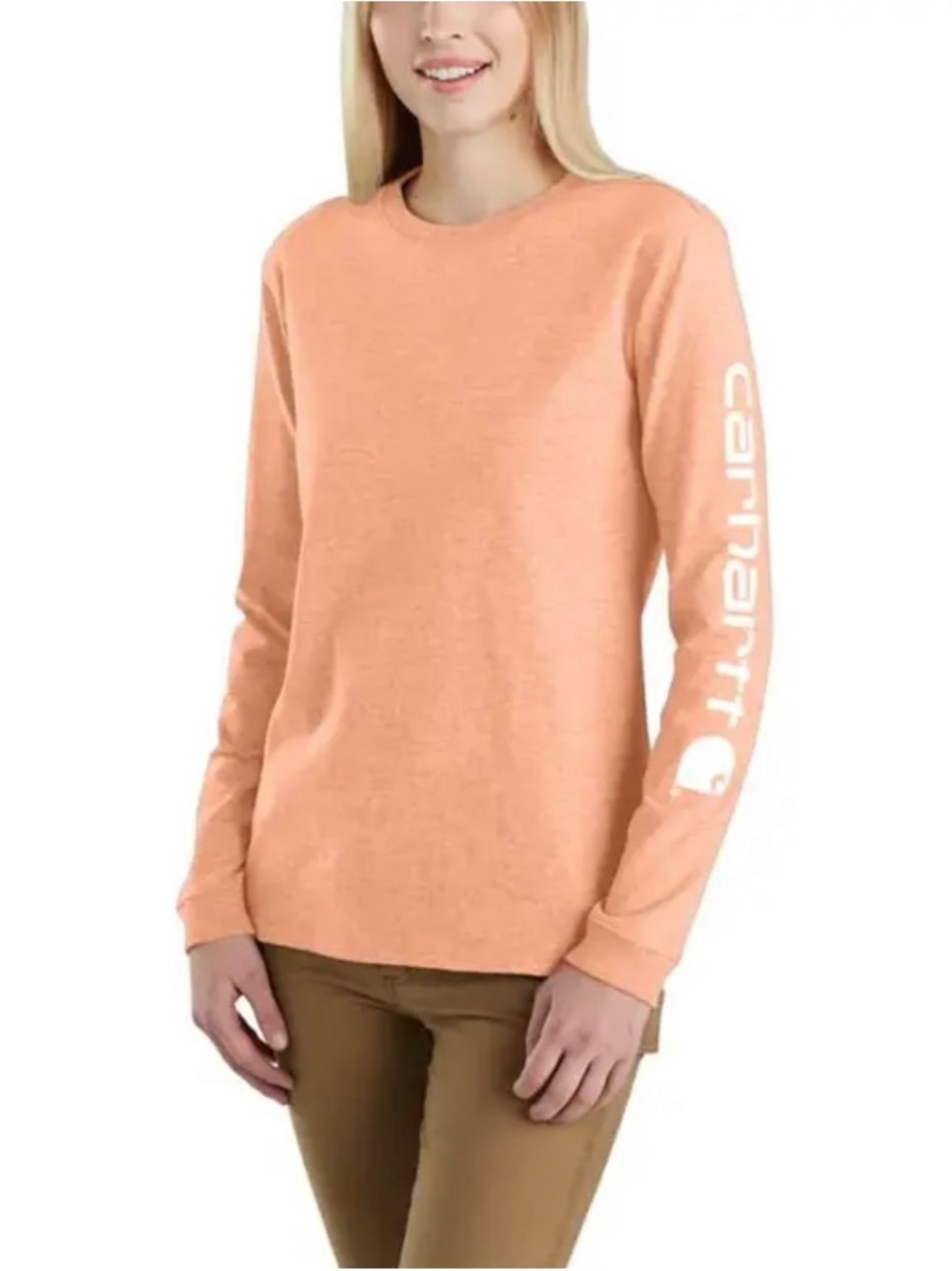 Carhartt Women's Loose Fit Heavy Weight Long-Sleeve Crewneck Top M Peach Graphic